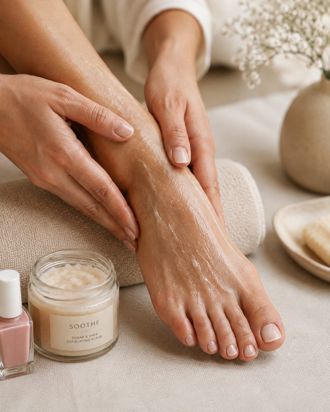 Fußmassage mit Peeling und Pflegeprodukten bei Liss Beauty